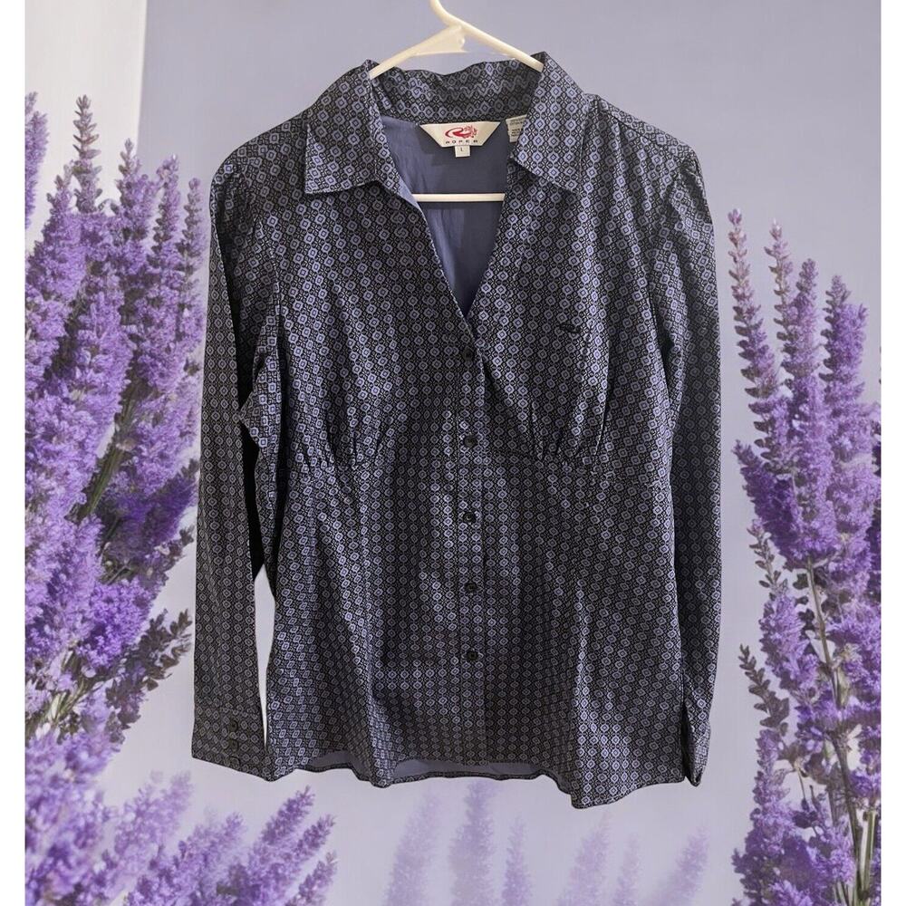 Roper Women's Long Sleeve Button Down Shirt SIZE LARGE Cotton V Neck Pattern EUC